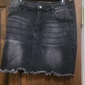 Black Distressed Denim Skirt - Casual Frayed Hem- XL (SIZE 12)